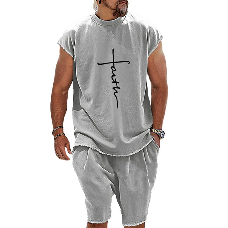 Conjunto de camiseta y pantalones cortos con cuello redondo y estampado de cruces vintage para hombre 73332092X