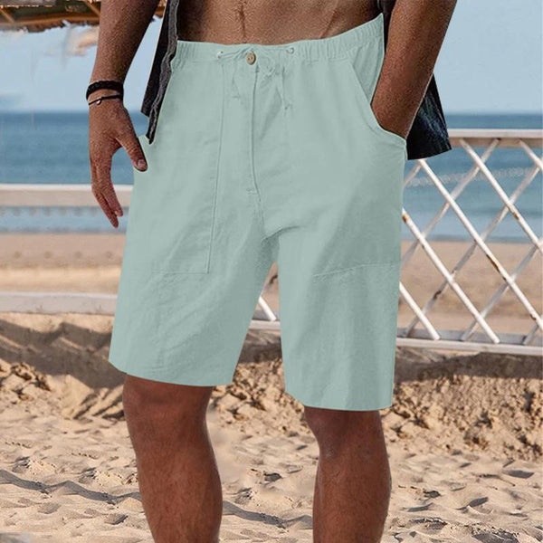 Men's Loose Linen Solid Color Beach Drawstring Shorts 42109543Y