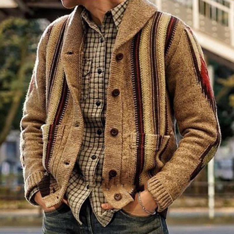 Men's Lapel Long Sleeve Jacquard Knit Cardigan 31004732M