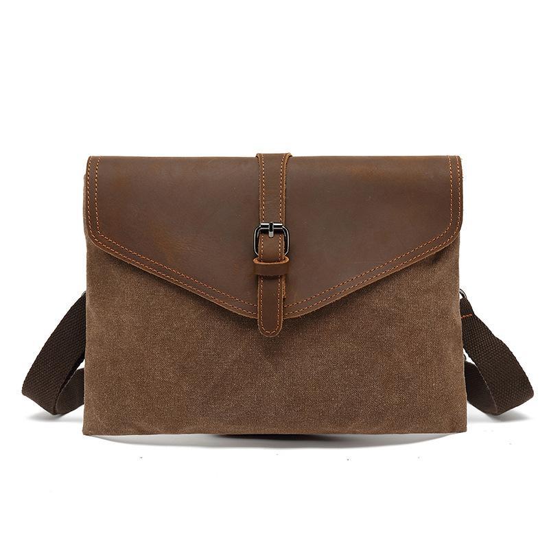 Vintage Flap Leather Canvas Panel Clutch Bag Coffee Bag