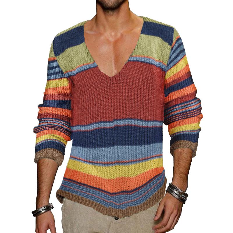 Herren-Strickpullover mit V-Ausschnitt und Regenbogenstreifen im Vintage-Stil 10689080X