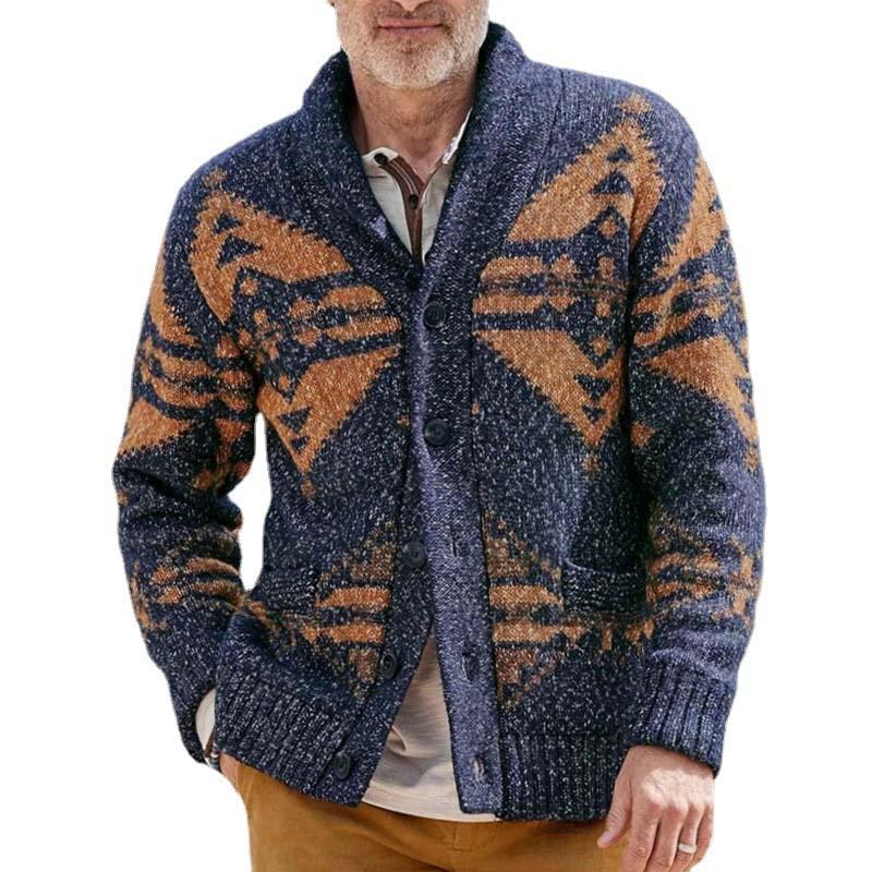 Men's Lapel Vintage Jacquard Knit Cardigan Jacket 12895005M