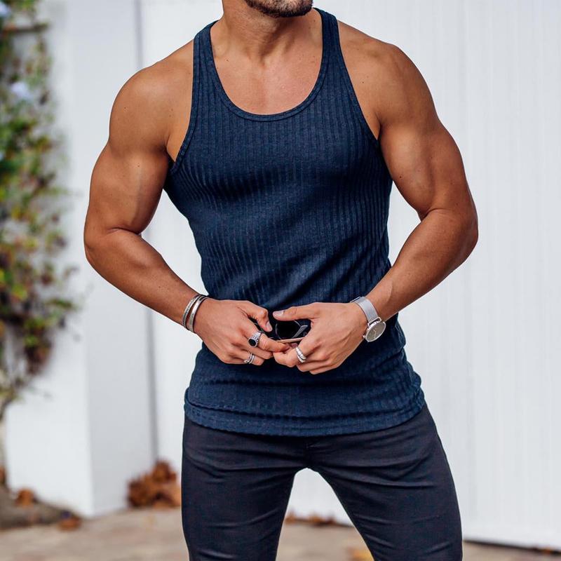 Men's Knitted Vertical Stripe Athletic Fit Racerback Tank Top 92662830X