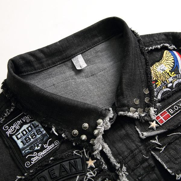 Mens Washed Embroidered Skull Denim Vest 11712032M Vests