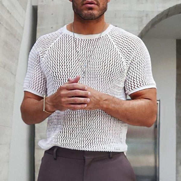 Men's Casual Round Neck Hollow Short Sleeved Knitted T-Shirt 18781068M
