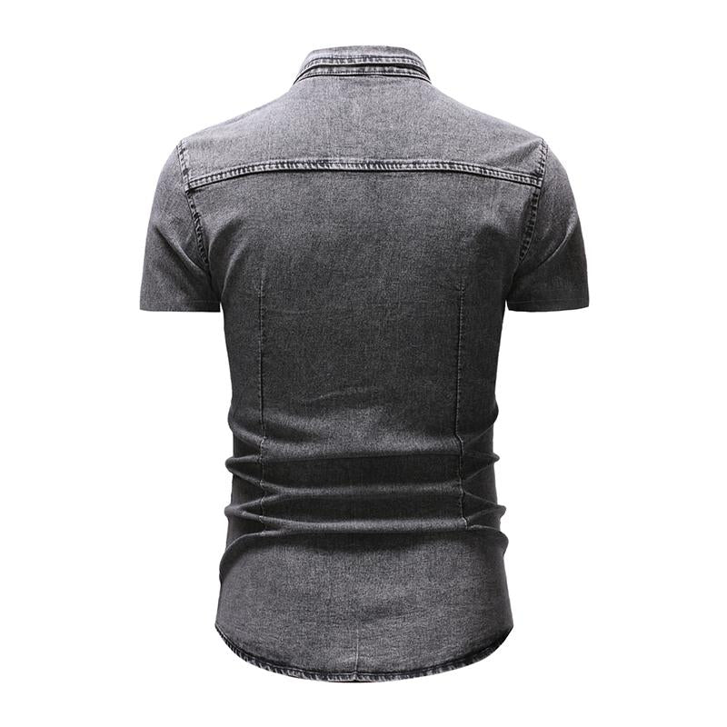 Men's Retro Lapel Distressed Denim Short Sleeved Shirt 64113192M