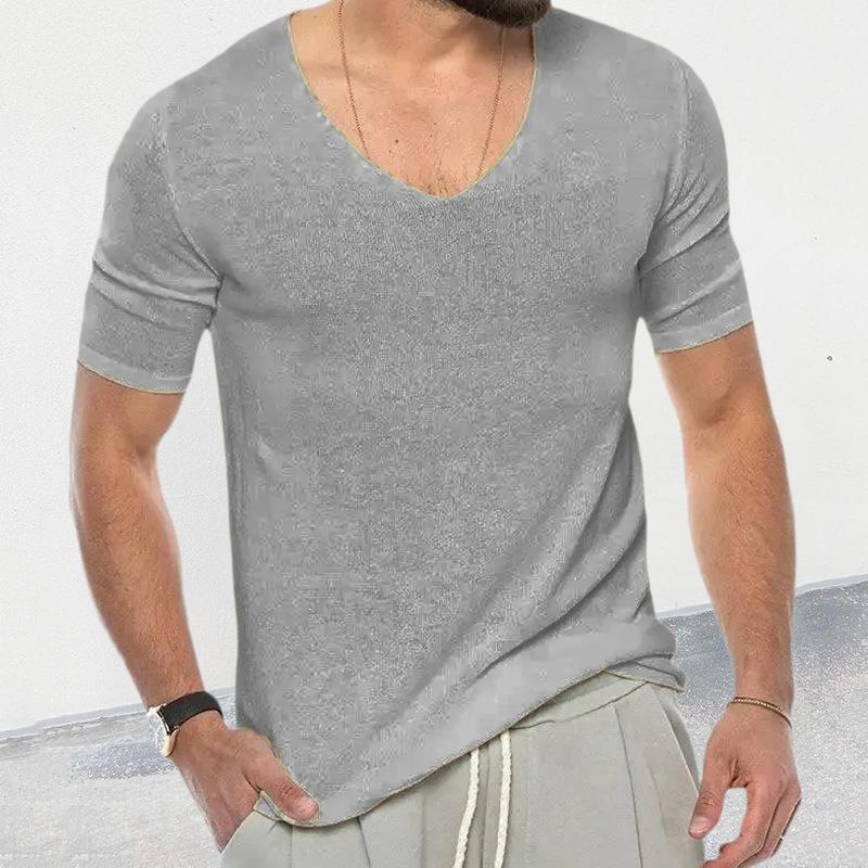 Men's Casual Solid Color V -Neck Short -Sleeved Knit Sweater 05621460Y