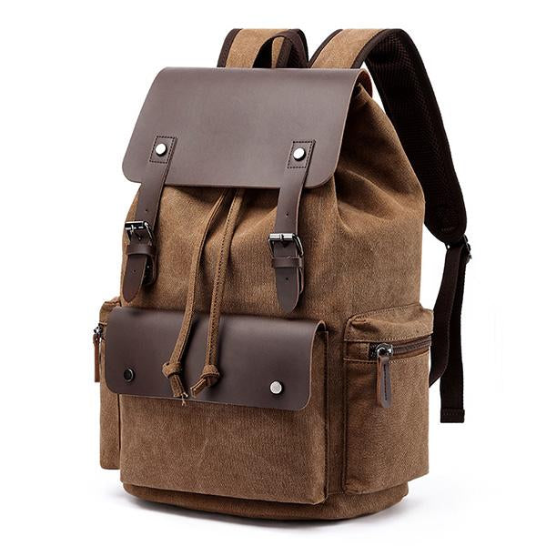 Casual Flap Large Capacity Leather Canvas Backpack Brown Bag