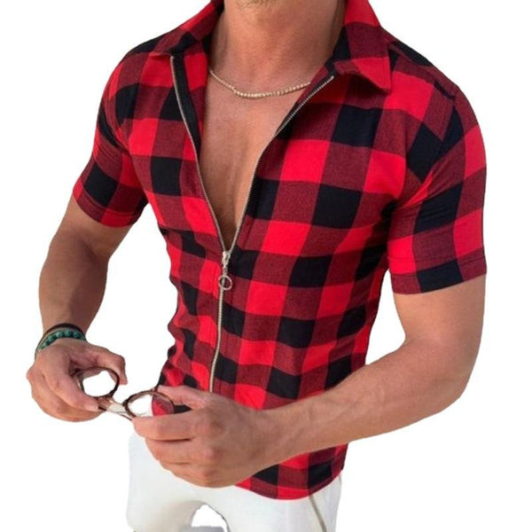 Men's Lapel Plaid Print Zipper Cardigan Short-sleeved T-shirt 77413871X