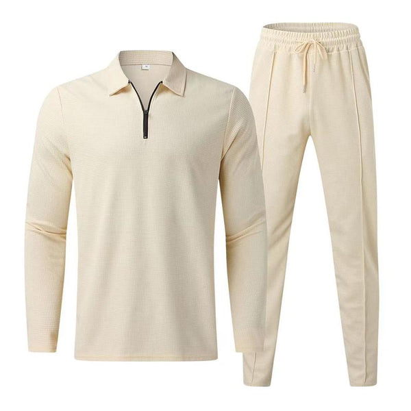 Men's Casual Lapel Long-Sleeved Polo Shirt And Trousers Two-Piece Set 09461761M