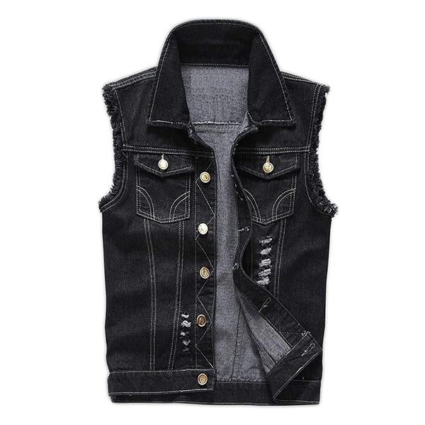 Mens Casual Distressed Frayed Denim Vest 14987136M Black / S Vests