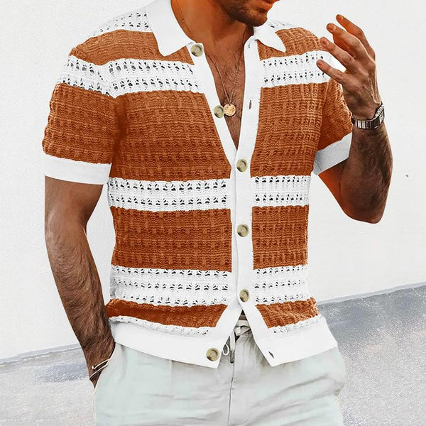 Men's Casual Lapel Colorblock Hollow Short Sleeved Knitted Polo Shirt 89718857M