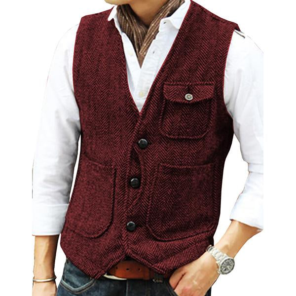 Mens V-Neck Single-Breasted Tweed Vest 39854419M Wine Red / S Vests