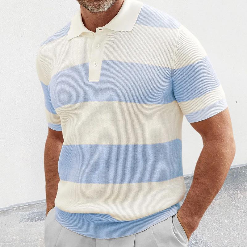 Men's Color Block Short Sleeve Lapel Knit Sweater 43085451X