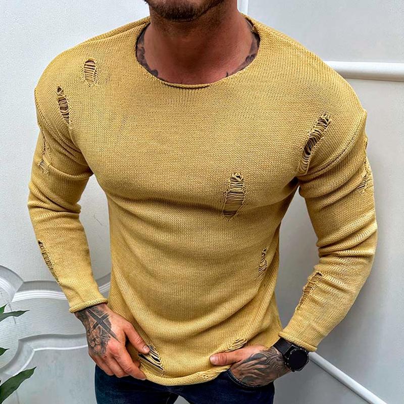 Men's Leisure Round Neck Hole Knit Long Sleeved Sweater 32967035M
