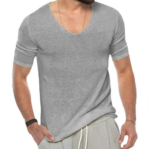 Men's Casual Solid Color V -Neck Short -Sleeved Knit Sweater 05621460Y