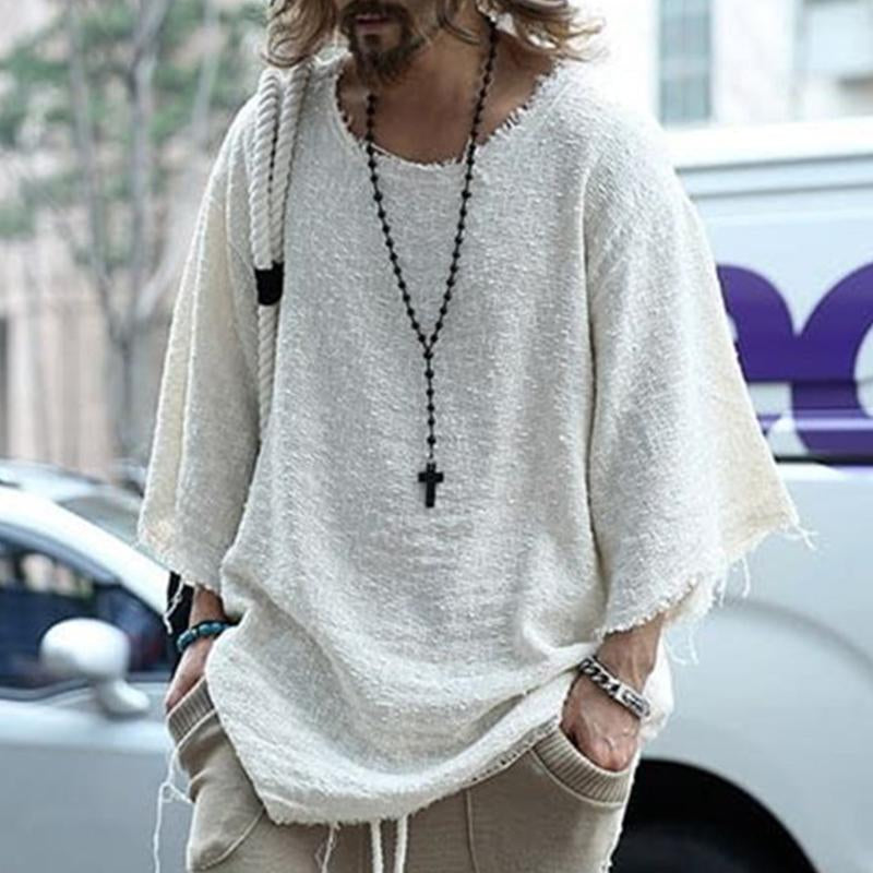 Men's Casual Loose Round Neck Raw Edge T-Shirt 64161125M