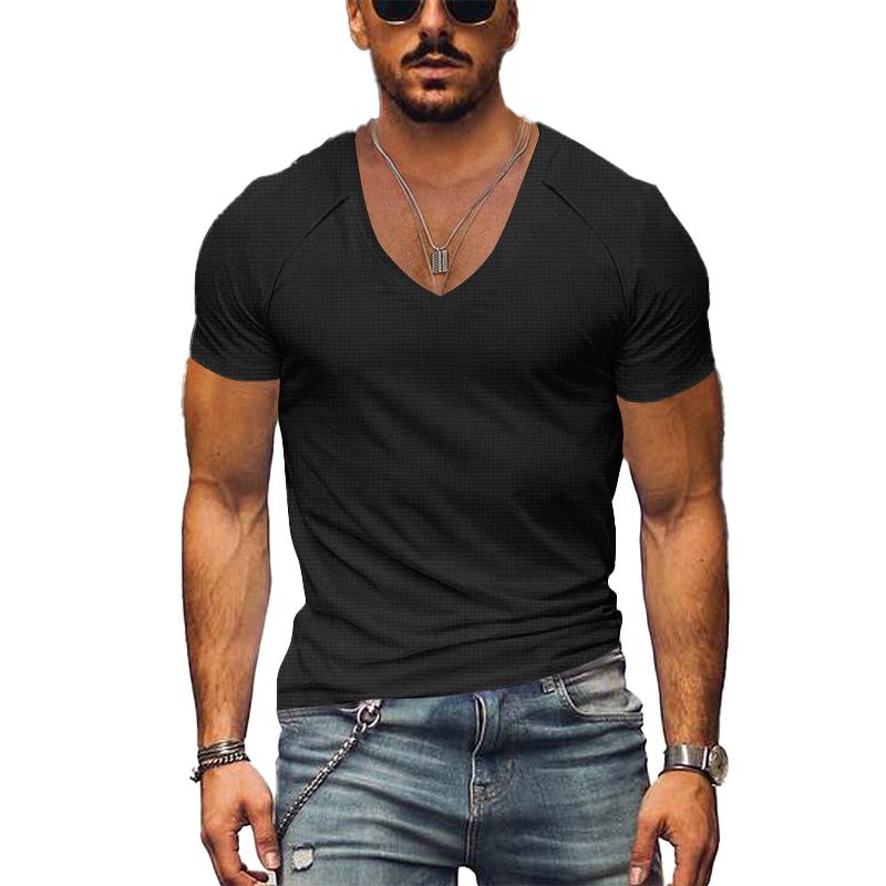 T-shirt uni à col en V et motif gaufré pour homme 42598906X