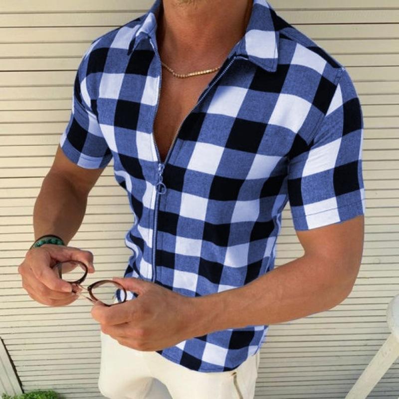 Men's Lapel Plaid Print Zipper Cardigan Short-sleeved T-shirt 77413871X