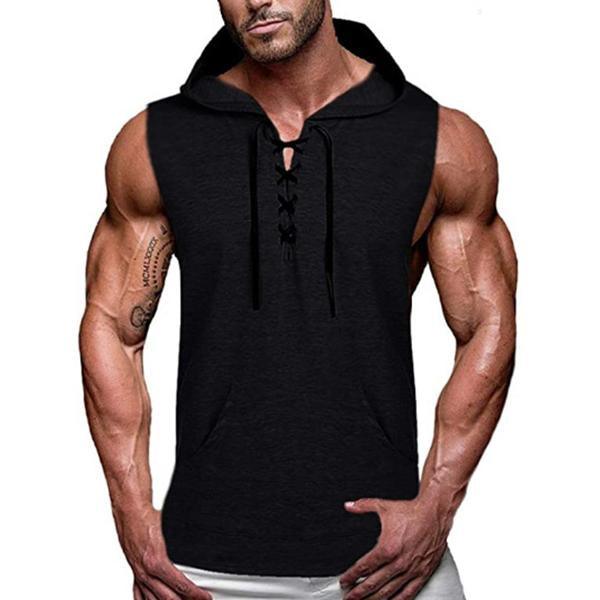 Men's Casual Hooded Solid Color Lace-Up Tank Top 44630439M