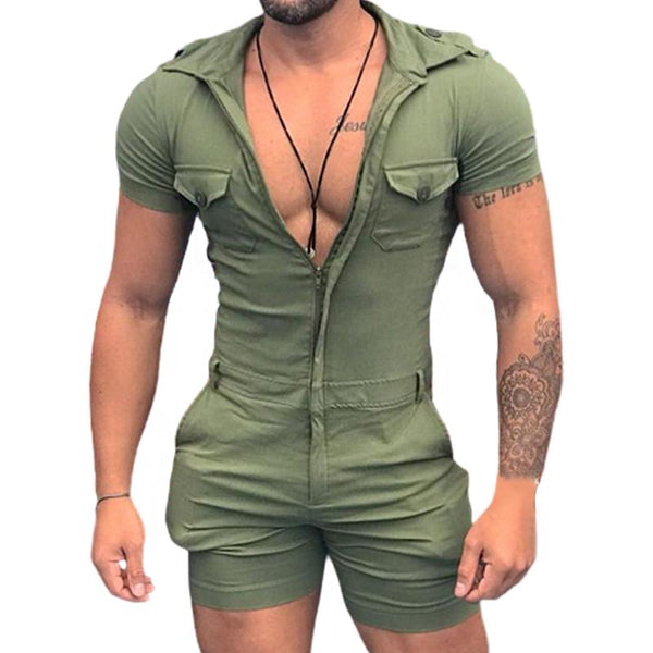 Men's Solid Color Zipper Short Sleeve Jumpsuit 21065818Y