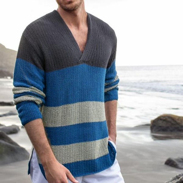 Men's V-Neck Contrast Striped Long Sleeve Thick Knit Sweater 48902804M