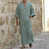 Men's Casual Fashion Cotton Linen V Neck Short Sleeve Robe Shirt 61702007Z
