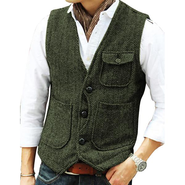 Mens V-Neck Single-Breasted Tweed Vest 39854419M Army Green / S Vests