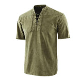 Men's Retro Lace Up Collar Casual Short Sleeve Shirt 98847664M