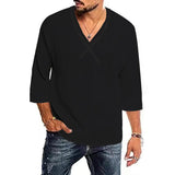 Men's Casual Solid Color Cotton And Linen V -Neck Shirt 94014278Y