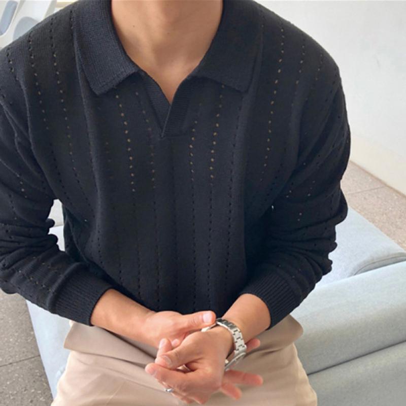 Men's Lapel Collar Solid Color Simple Polo Shirt Knitted Long Sleeve Sweater 95586666X