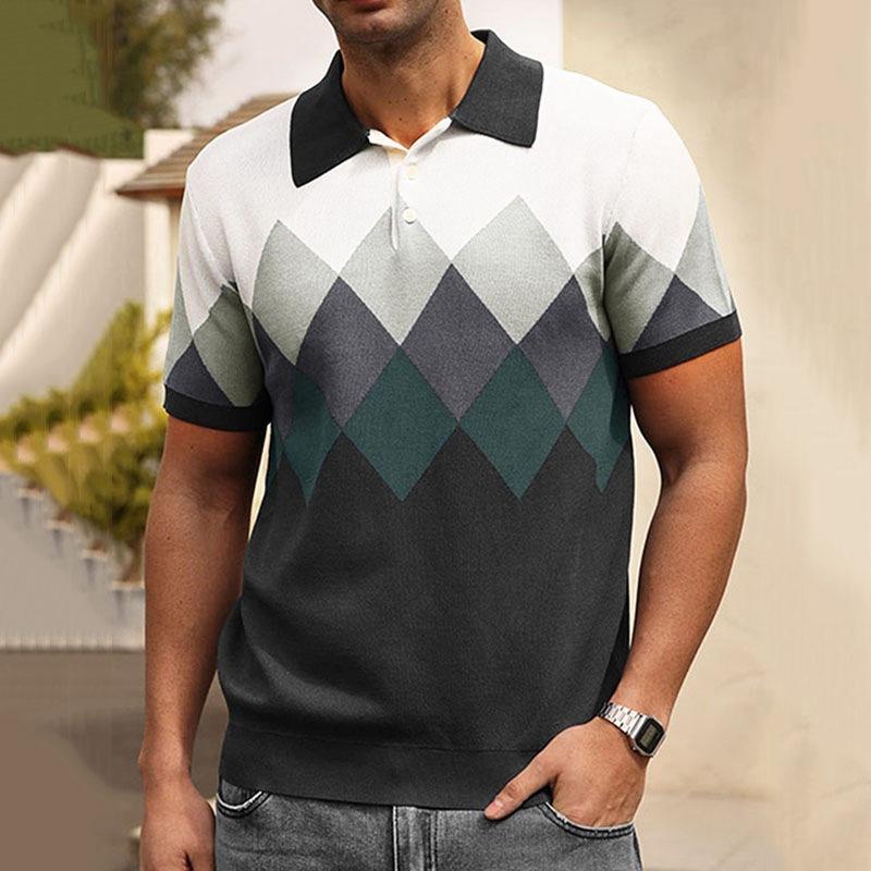 Men's Casual Diamond Jacquard Short-Sleeved Knitted Polo Shirt 68772615M