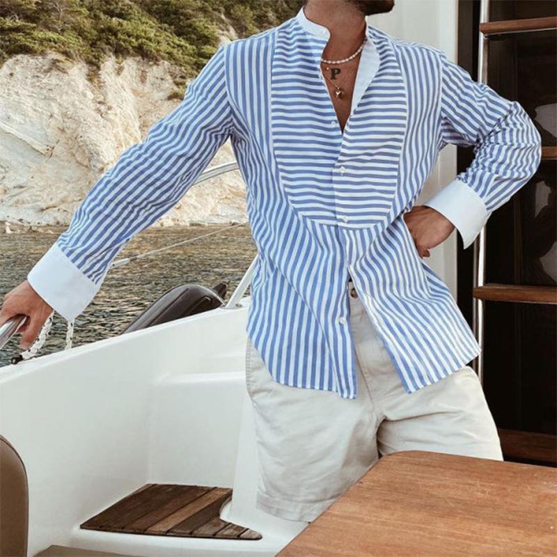 Men's Loose Striped Irregular Stitching Long Sleeve Shirt 50854849M