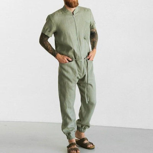 Men's Casual Solid Color Overalls Short-Sleeved Coverall Jumpsuit 11011571Y