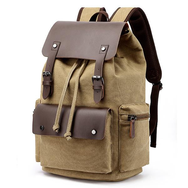 Casual Flap Large Capacity Leather Canvas Backpack Khaki Bag