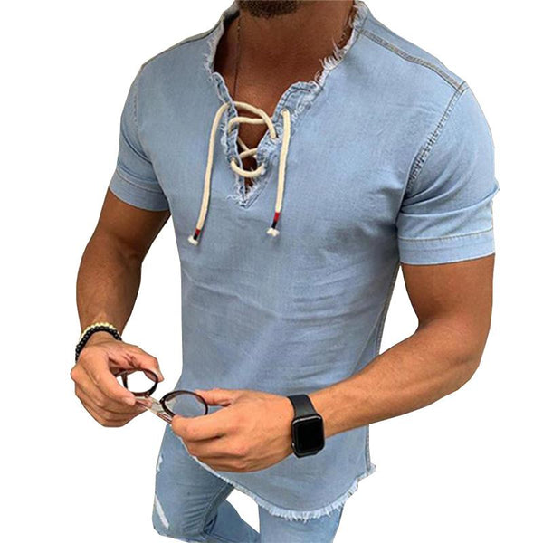 Men's Casual Lace-Up V-Neck Tassel Short-Sleeved Denim Shirt 61205440M