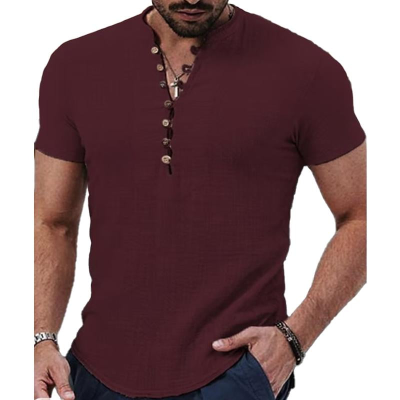 Men's Solid Color Stand Collar Button Down Half Cardigan Short Sleeve Shirt 83311488X