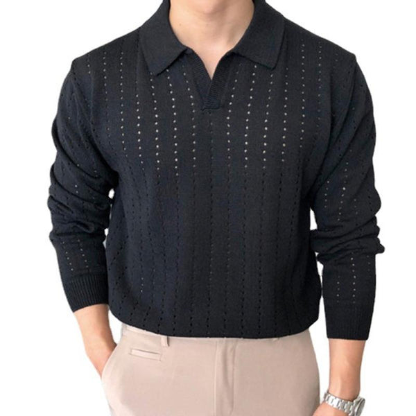 Men's Lapel Collar Solid Color Simple Polo Shirt Knitted Long Sleeve Sweater 95586666X