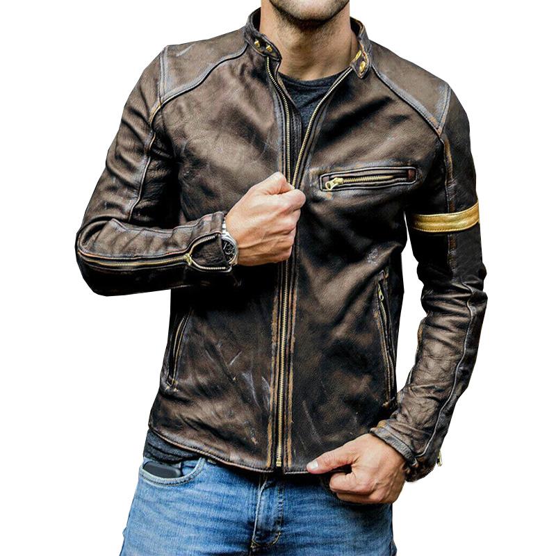 Herren Vintage Stehkragen Reißverschluss Lederjacke 41470326M