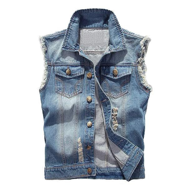 Mens Casual Distressed Frayed Denim Vest 14987136M Light Blue / S Vests