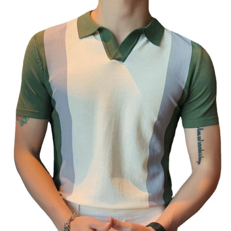Men's Lapel Collar Contrast Color Knit Polo Shirt 12748774M