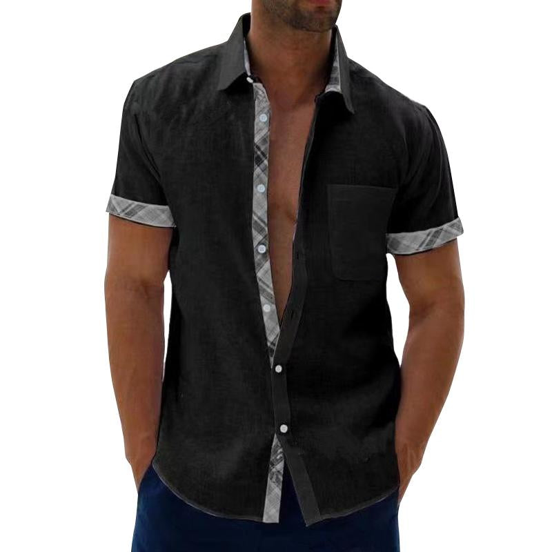 Men's Casual Plaid Stitching Lapel Short Sleeve Shirt 05552552Y
