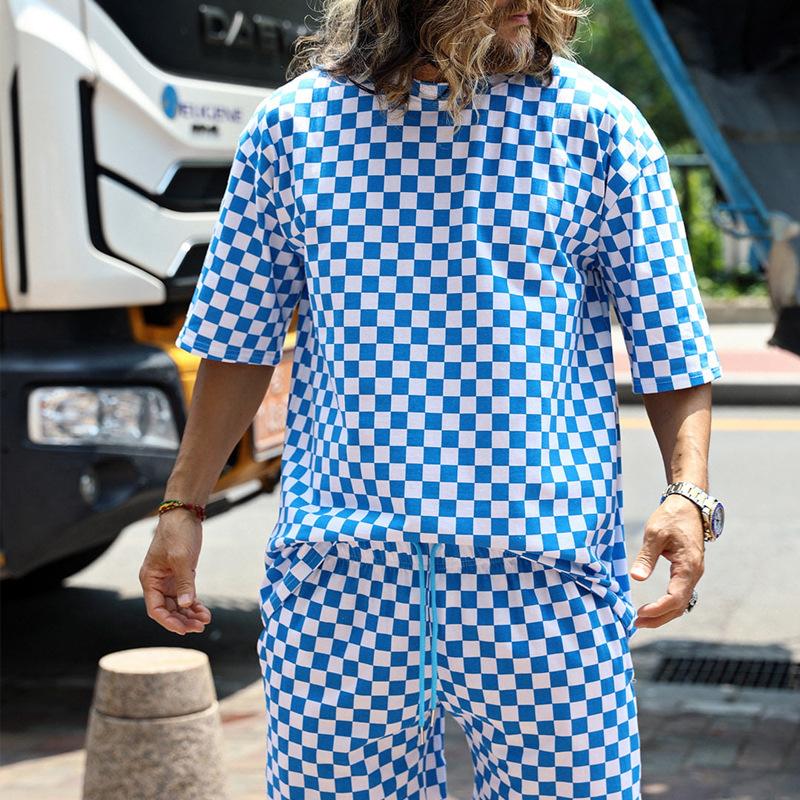 Men's Checkerboard Print Round Neck Short Sleeve T-shirt Shorts Set 84011389Z