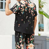 Men's Beach Rose Print Short Sleeve Shirt Set 23337087X