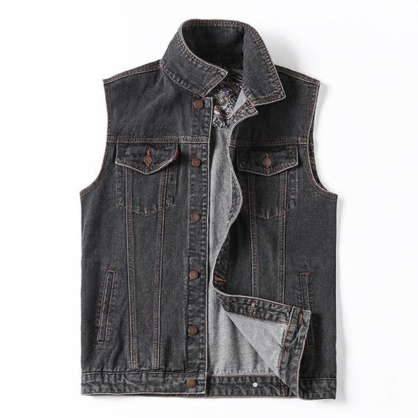 Mens Loose Casual Lapel Denim Vest 92252203M Black / S Vests