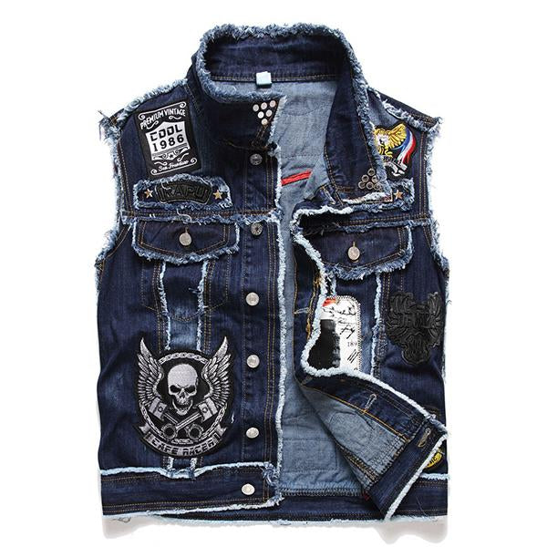 Mens Washed Embroidered Skull Denim Vest 11712032M Navy / S Vests