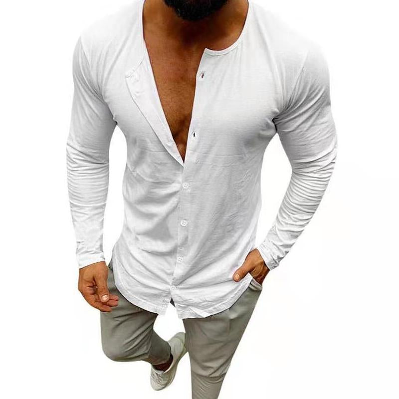 Men's Solid Color Long Sleeve Round Neck Button T-Shirt 19603398X