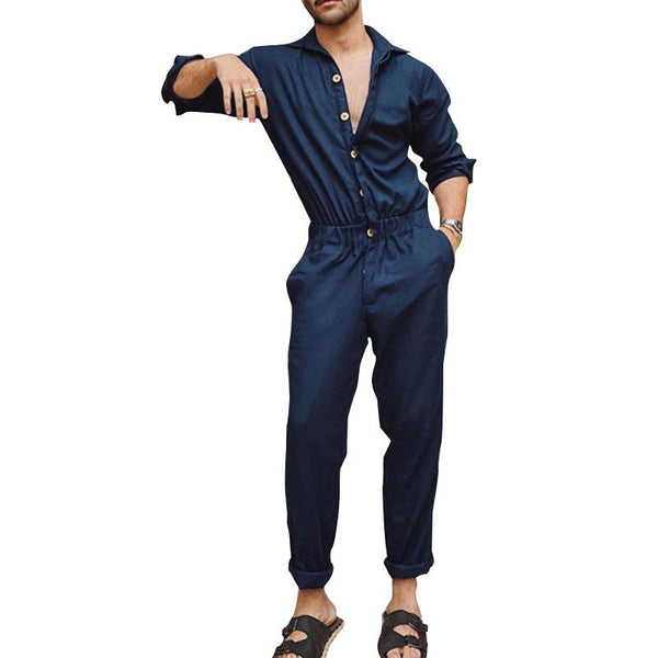 Men's Casual Long-Sleeve Lapel Solid Color Coverall Jumpsuit 06490071Y
