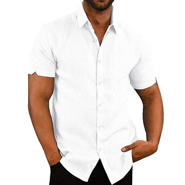 Men's Lapel Solid Color Short Sleeve Button Linen Shirt 76966962M