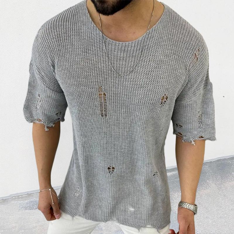 Men's Casual Round Neck Short Sleeve Hollow Knit Pullover Sweater 43852441M